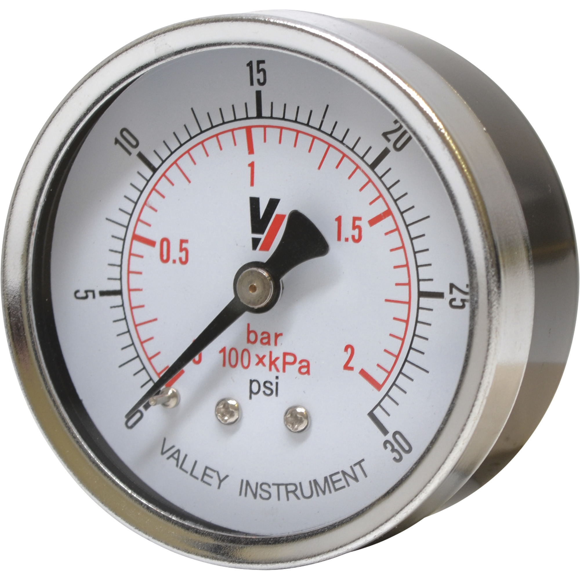 Valley Instrument Back Mount Dry Pressure Gauge - 2.5in., 0-30 PSI, Brass Movement, Model# Grade B